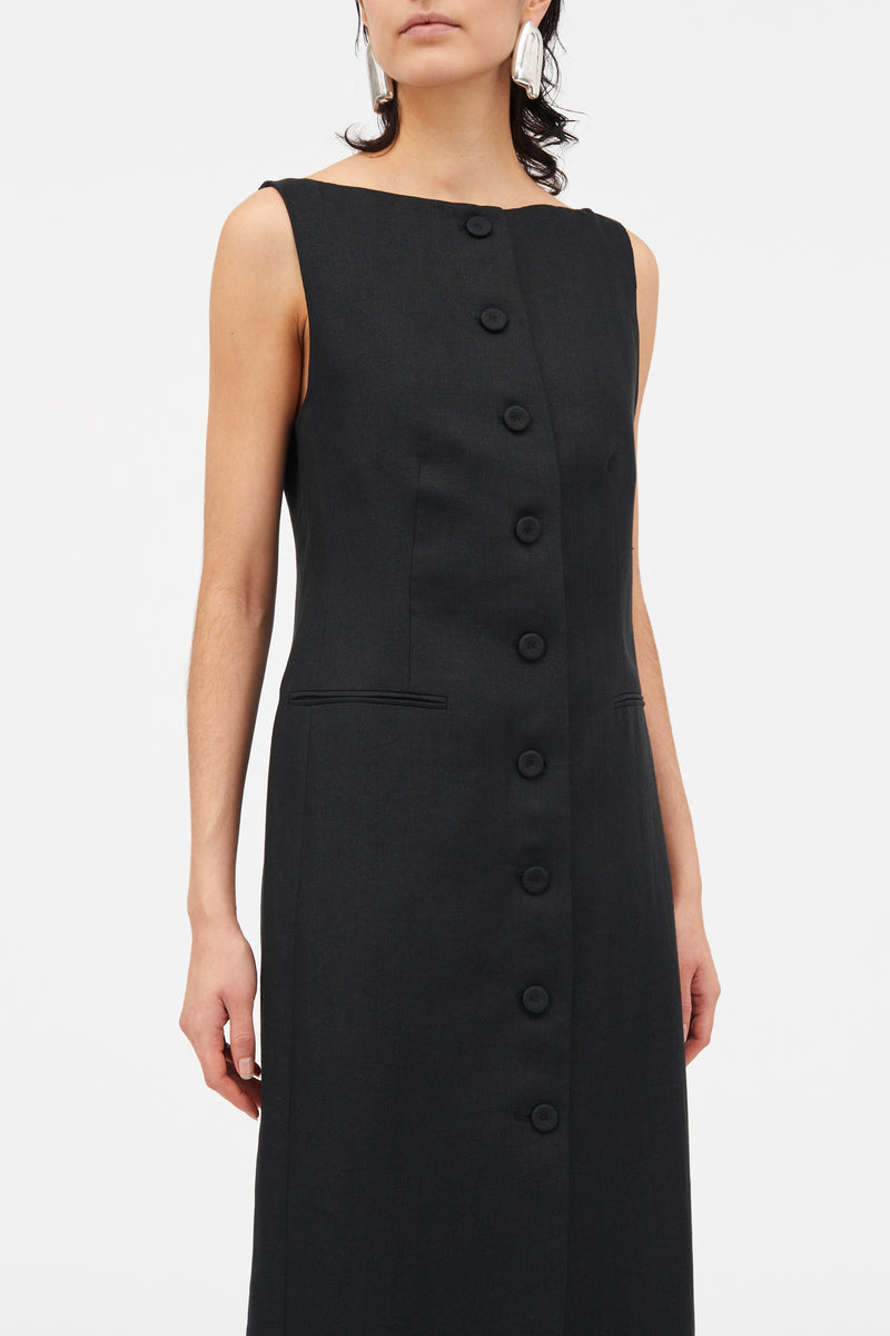 Mark Kenly Domino Tan Dasia Linen Herringbone Dresses BLACK