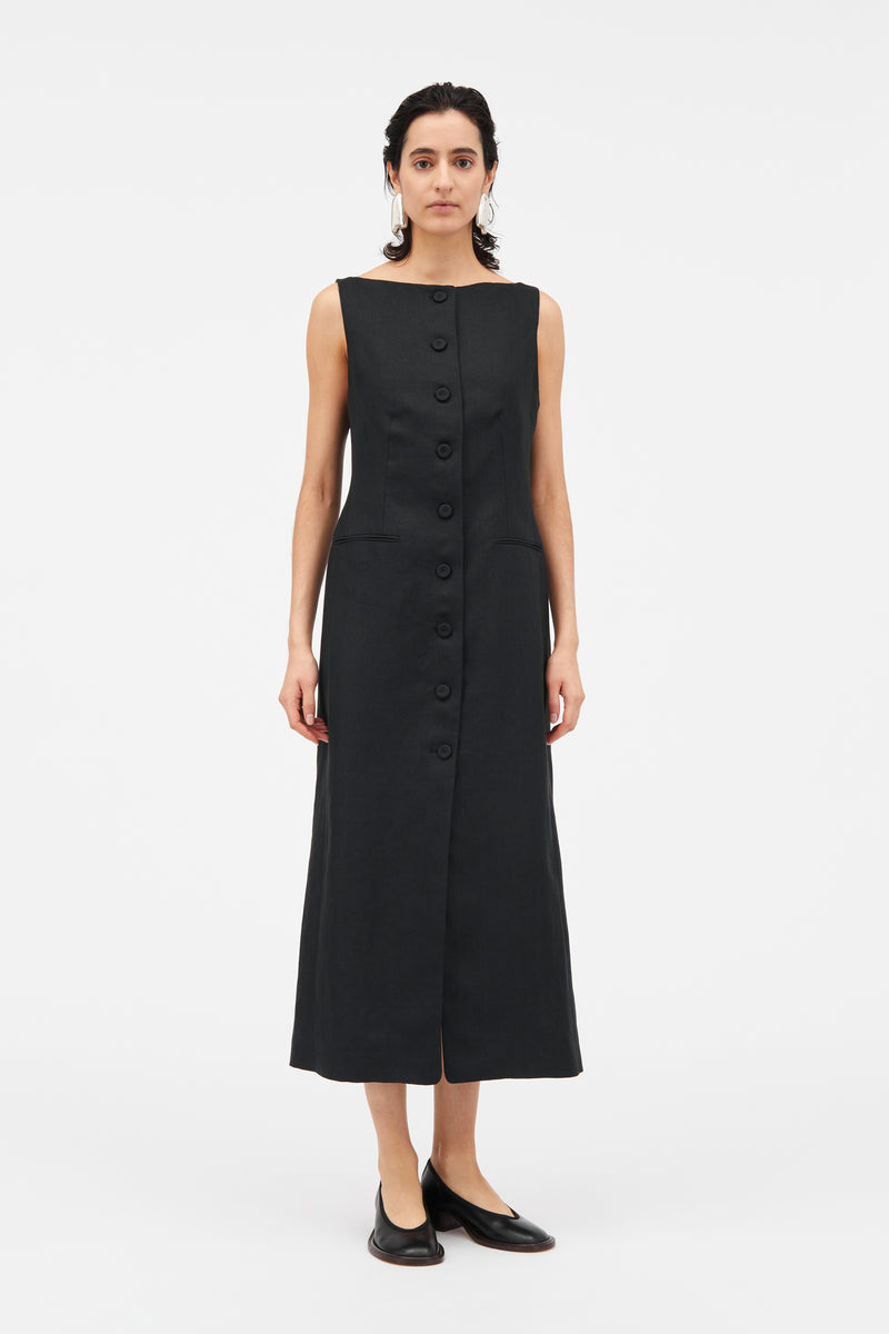 Mark Kenly Domino Tan Dasia Linen Herringbone Dresses BLACK