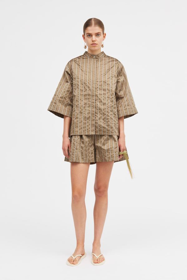 Mark Kenly Domino Tan Sarah Stripe Silk Tech Shirts GOLDEN BROWN